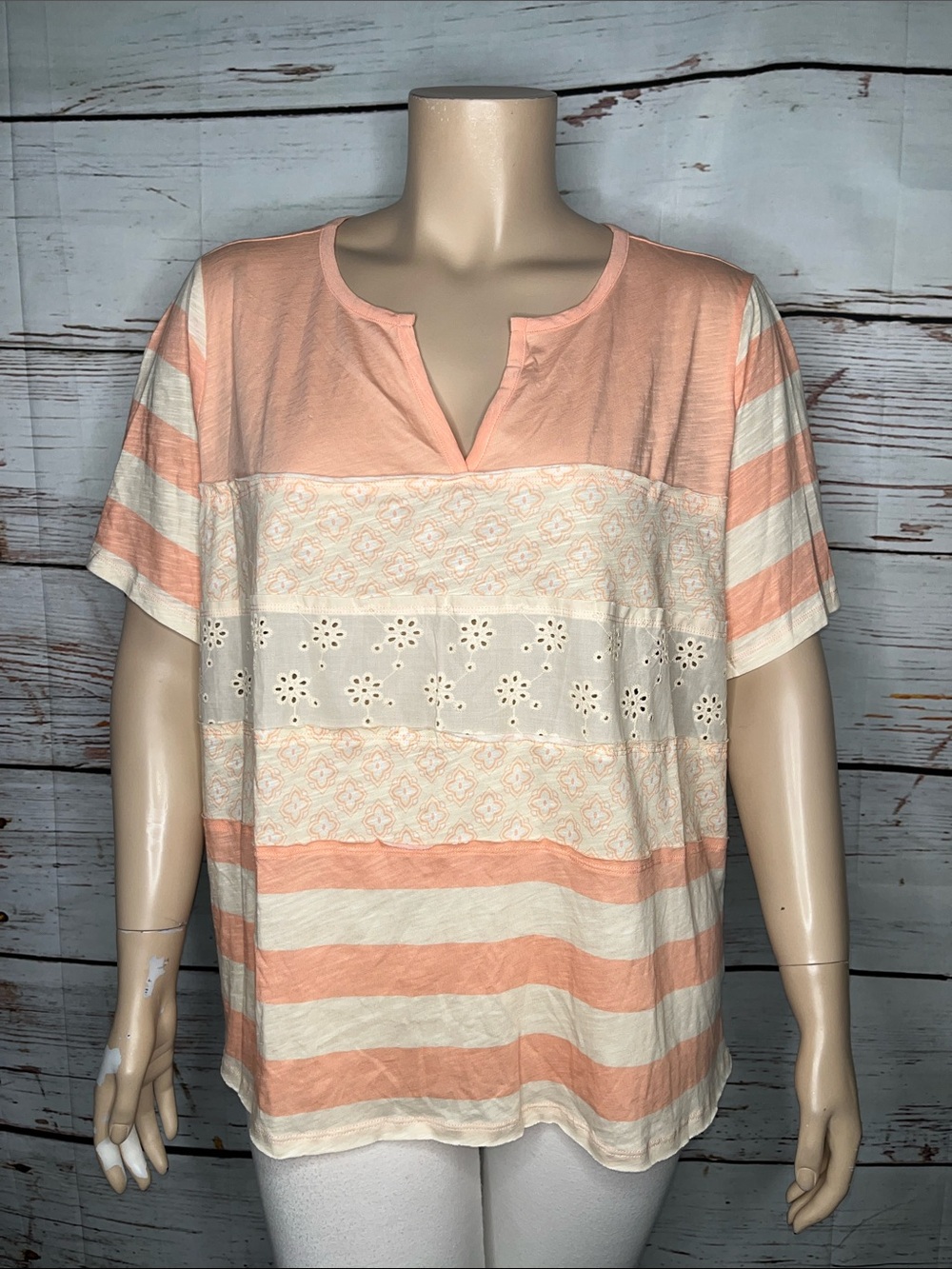 Cato NWT Size 26/28W Colorblock Stripe - Eyelet Trim Split V-Neck Knit Top